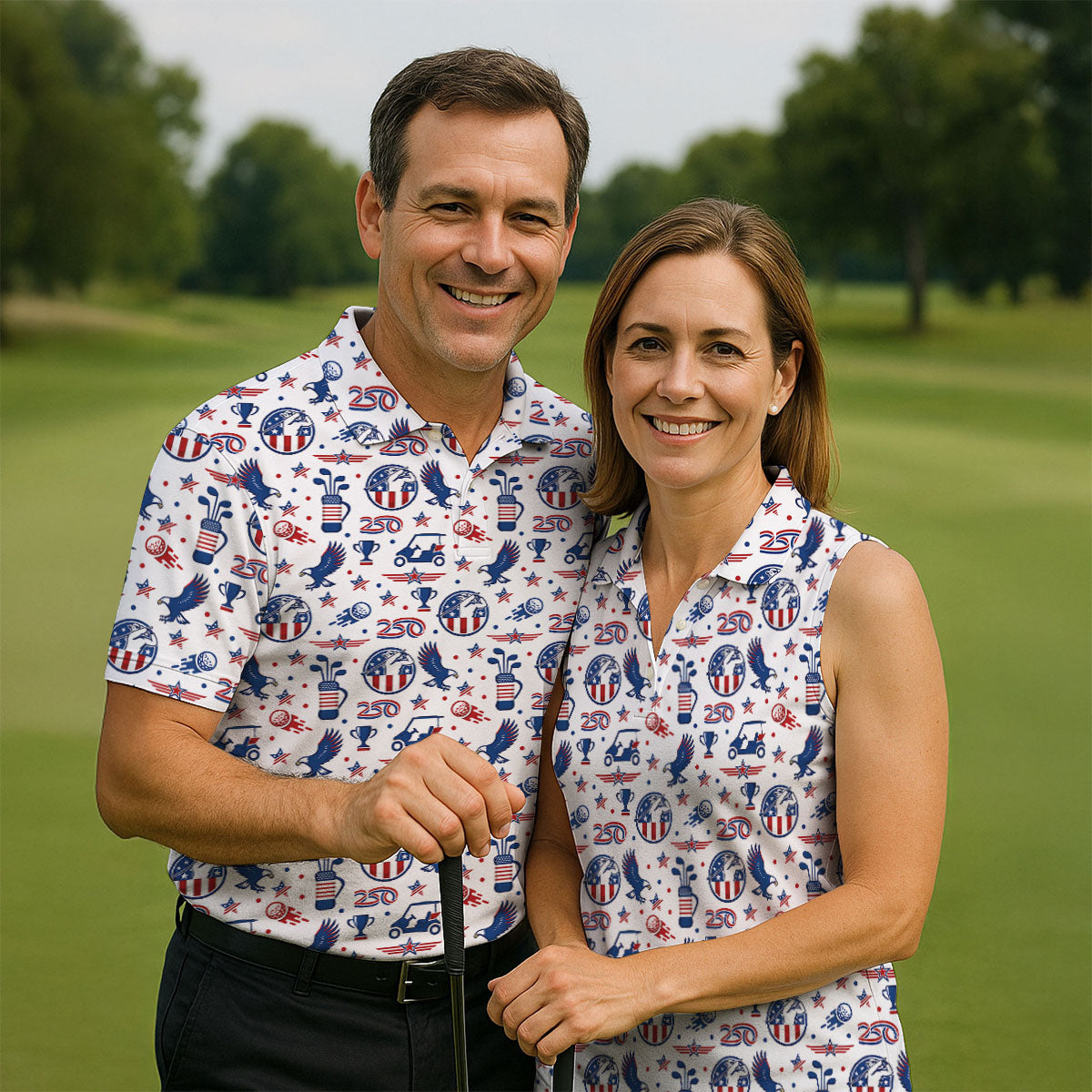 Bald Eagle American Flag Golf Pattern 4th Of July Women Golf Top, 250th Anniversary Patriotic Golf Shirt