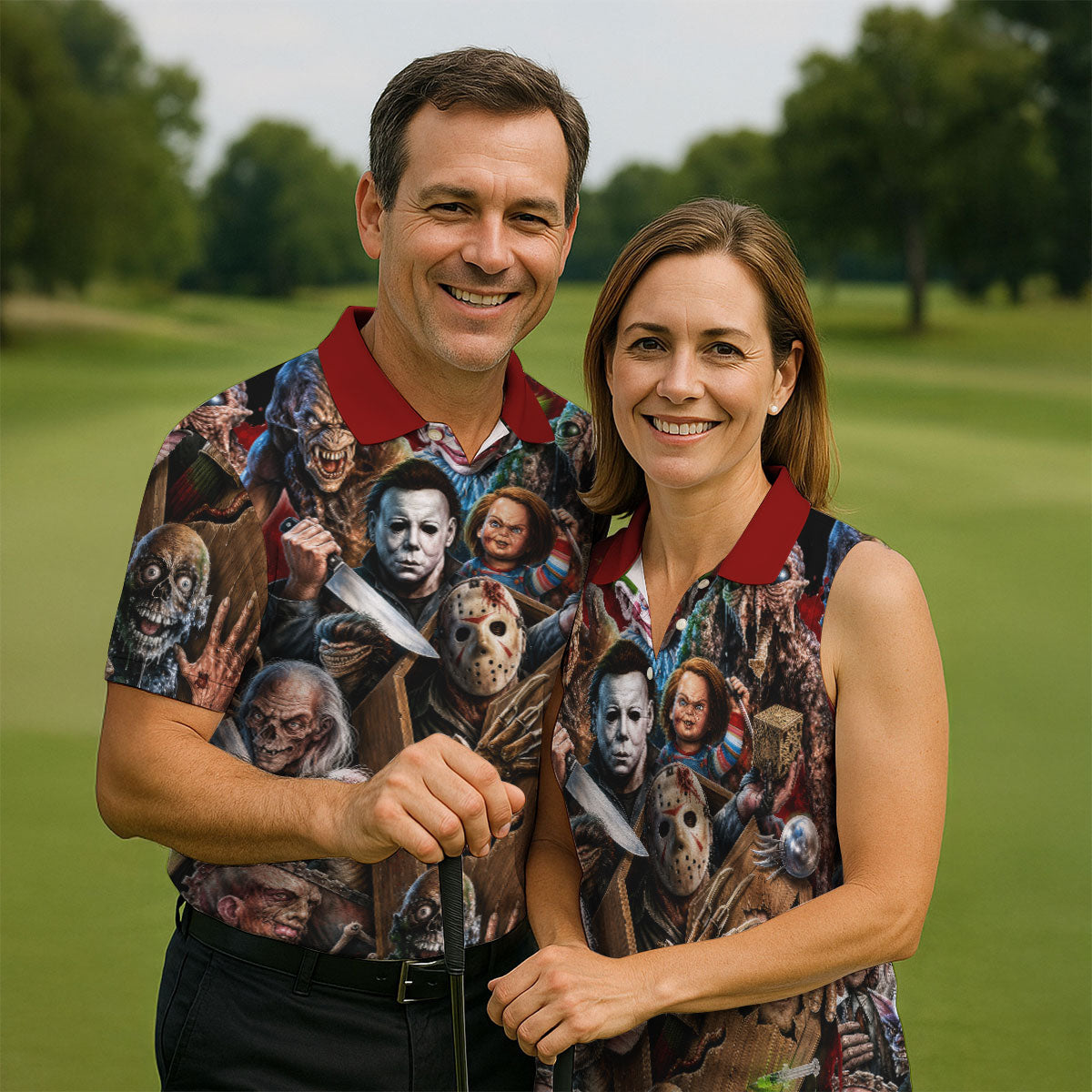 Classic Horror Character Halloween Golf Shirt, Mens Golf Apparel, Hawaiian Golf Shirt