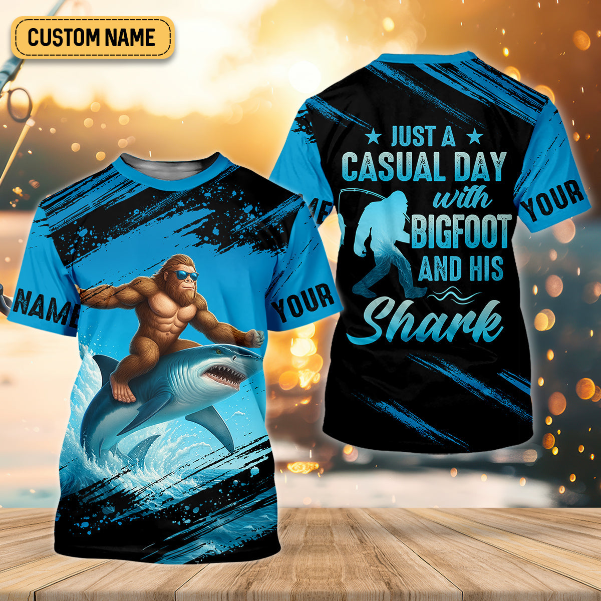 Just A Casual Day With Bigfoot And His Shark Fishing UPF Shirts, Funny Fishing Shirt, Presents For Fishermen