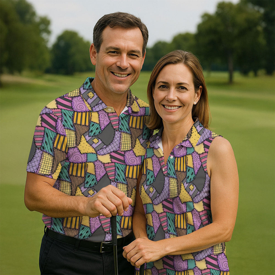 Halloween Patchwork Pattern Golf Polo Shirt, Men's Golf Shirt, Hawaiian Golf Shirt