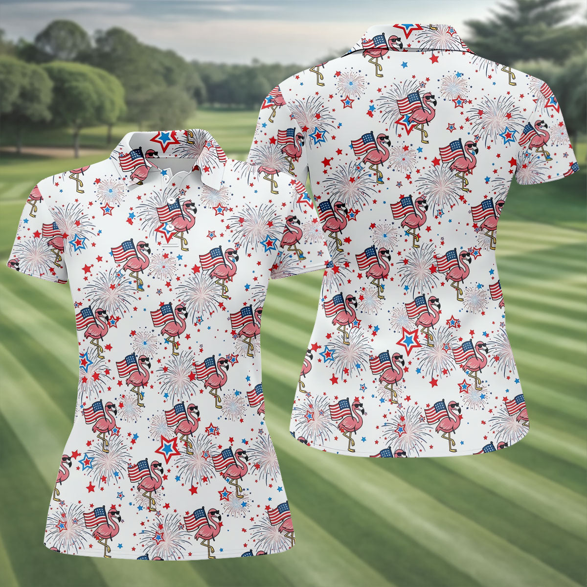 Patriotic Flamingo American Flag Polo Shirt, Womens Golf Polo, Golf Shirts For Women