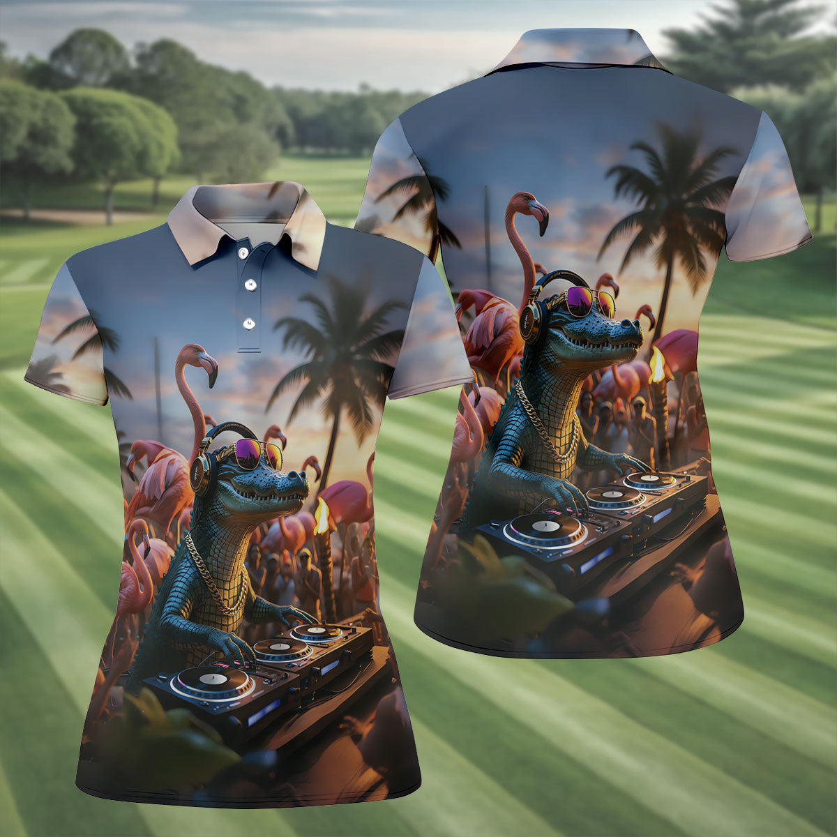 Funny Crocodile DJ Mardi Gras Festival Flamingo Golf Shirt, Women's Golf Tops, Ladies Golf Polos