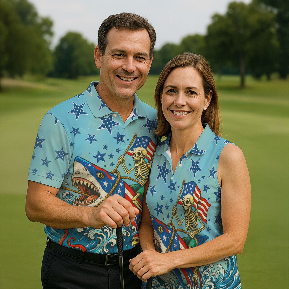 Skeleton Riding Shark Patriotic Golf Shirt, 4th Of July Golf Shirt, 250 Years Polo Shirts For Men