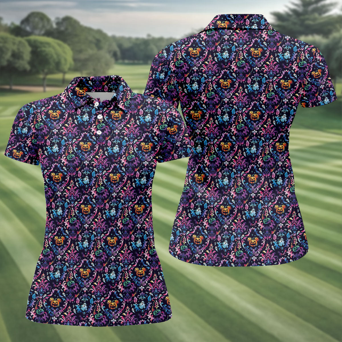 Colorful Ghost Pumpkin Floral Halloween Polo Shirt, Women’s Sleeveless Golf Shirt, Ladies Golf Top