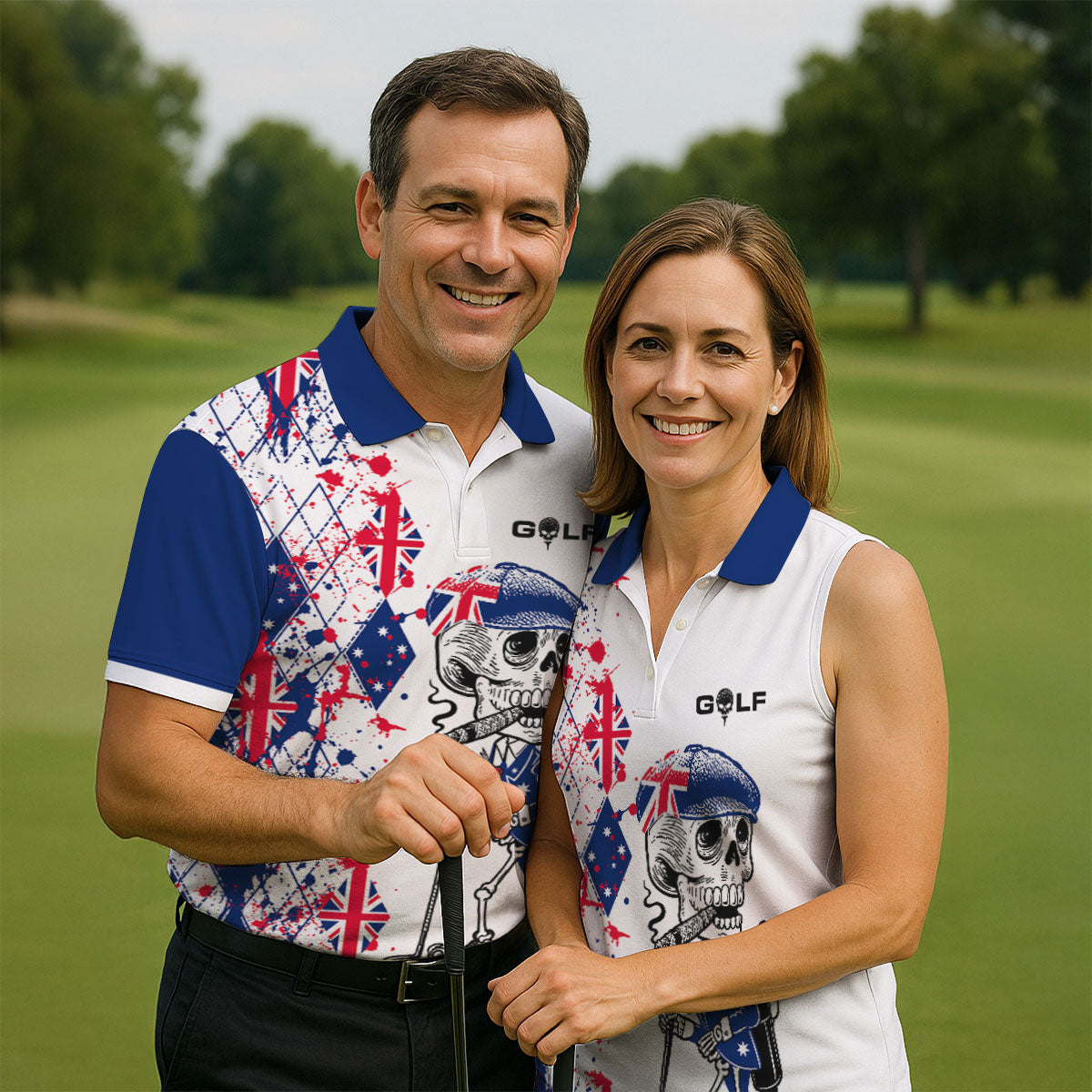 Swing Swear Look For Ball Repeat Australia Flag Print Skeleton Golfer Argyle Golf Shirt, Polo Shirts For Men
