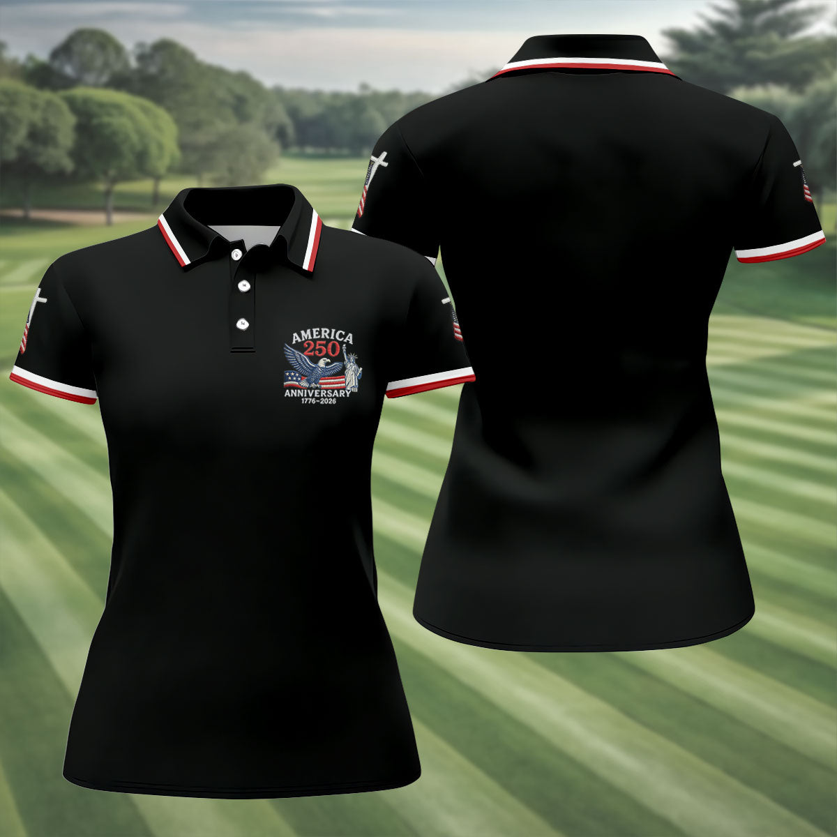 Faith Cross Bald Eagle America 250 Anniversary Black Patriotic Golf Shirt, Golf Shirt For Women