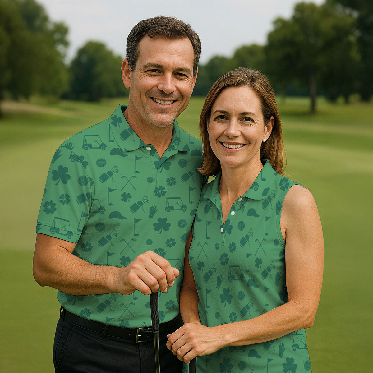 Dark Green Golf Items Seamless Pattern St. Patrick’s Day Shamrock Golf Shirt, Women's Golf Tops, Ladies Golf Polos