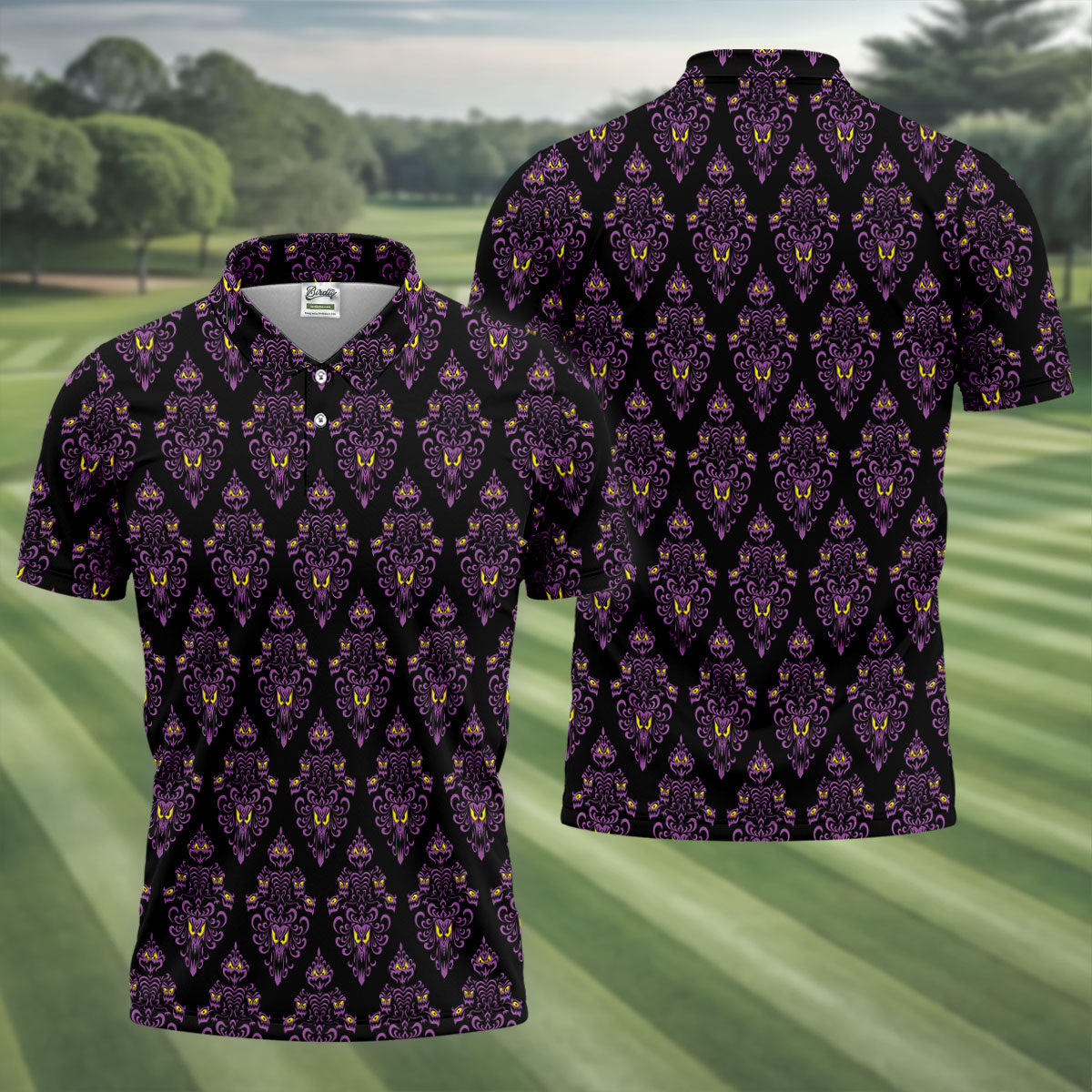 Purple Haunted Demon Faces Halloween Polo Shirt, Printed Golf Shirts, Golf Apparel For Men