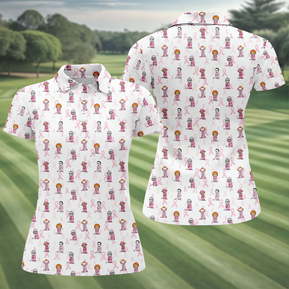 Breast Cancer Chibi Horror Character Polo Shirt, Womens Golf Tops, Golf Polo For Women