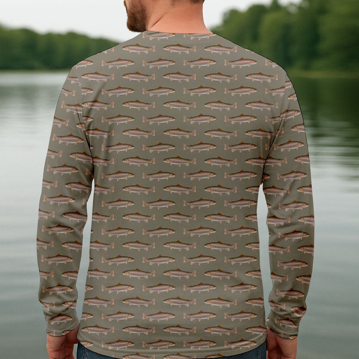 Rainbow Trout Pattern Pewter Grey Fishing UPF Shirts, Long Sleeve Fishing Shirts, Fishing Shirts For Men