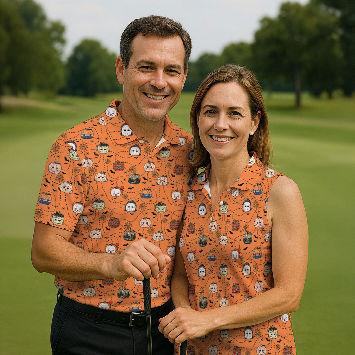 Orange Horror Character Pumpkin Pattern Golf Polo Shirt, Ladies Golf Shirts, Womens Golf Tops