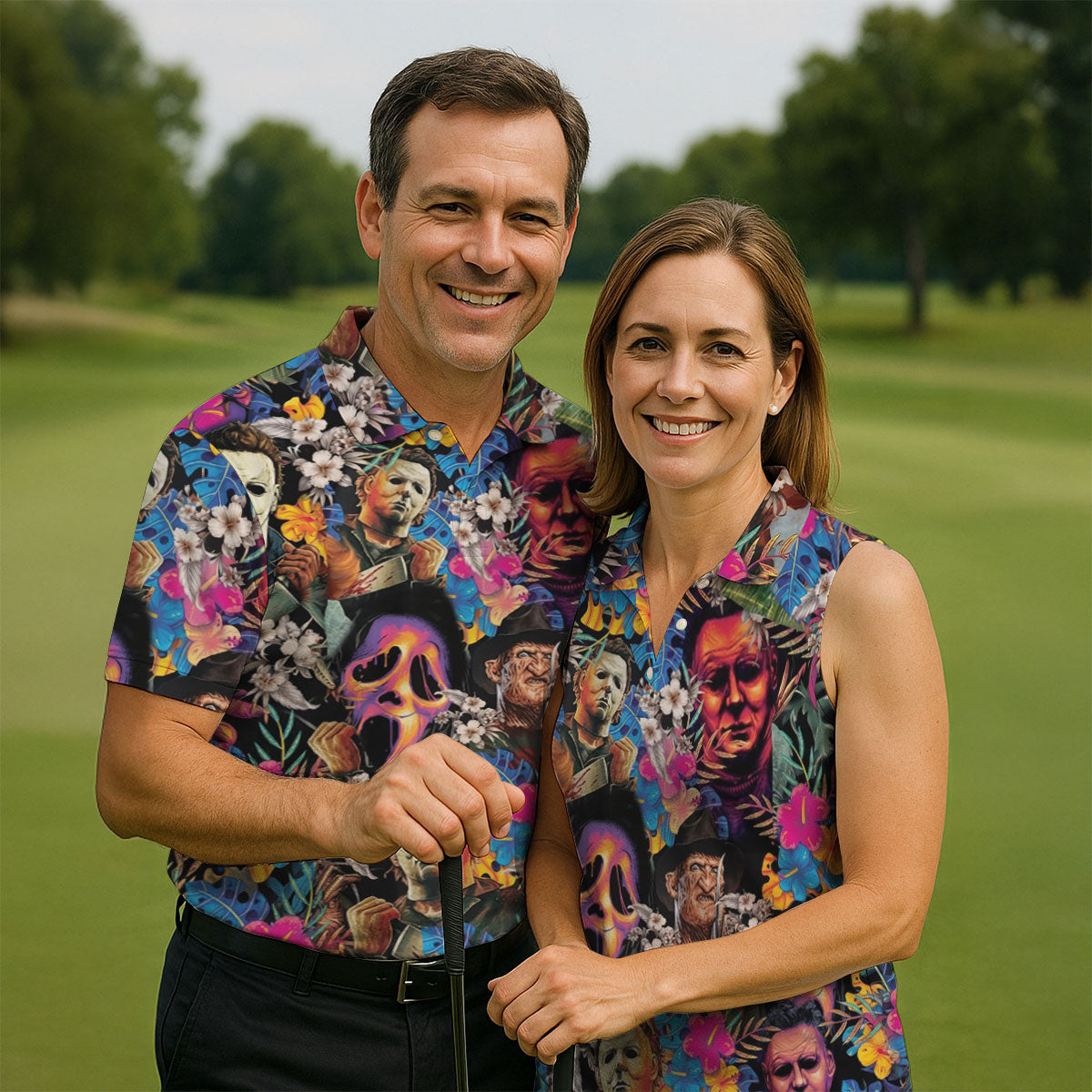 Tropical Horror Character Hawaiian Golf Shirt, Mens Golf Polo, Halloween Golf Apparel
