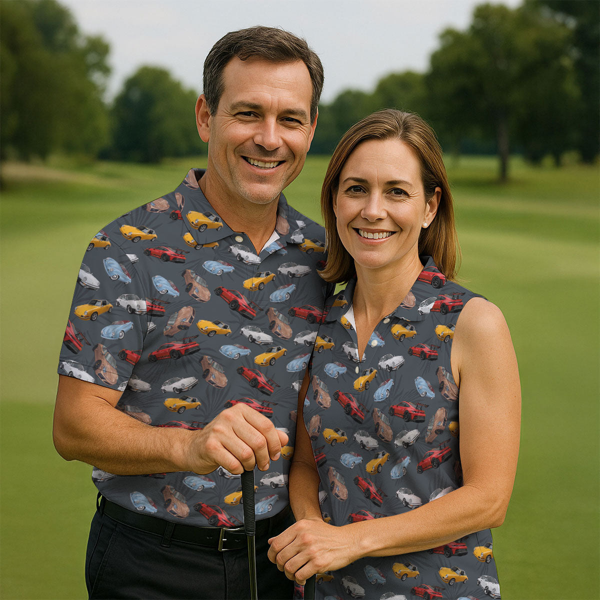 Charcoal Vintage Sports Car Pattern Golf Polo Shirt, Men's Golf Shirt, Golf Polo Shirts For Men
