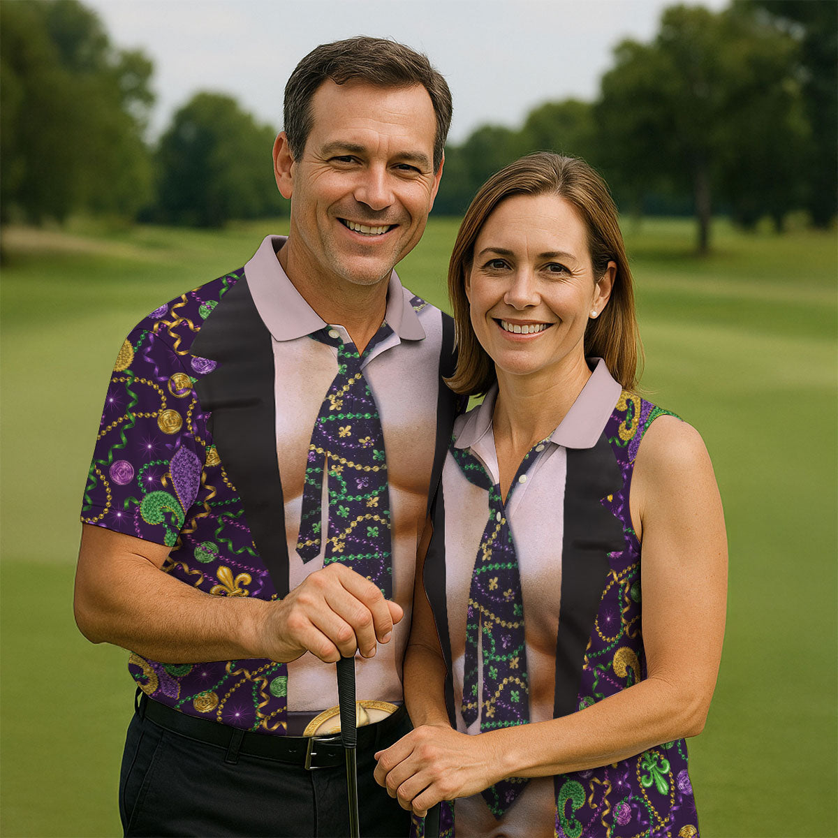 Mardi Gras Purple Green Gold Fleur De Lis Funny Costume Women's Golf Tops, Fun Women's Golf Shirts