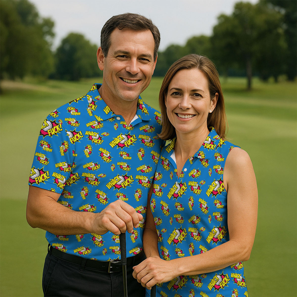 Whack Fuck Comic Golf Ball Pattern Golf Shirt, Women's Golf Tops, Golf Shirts For Women