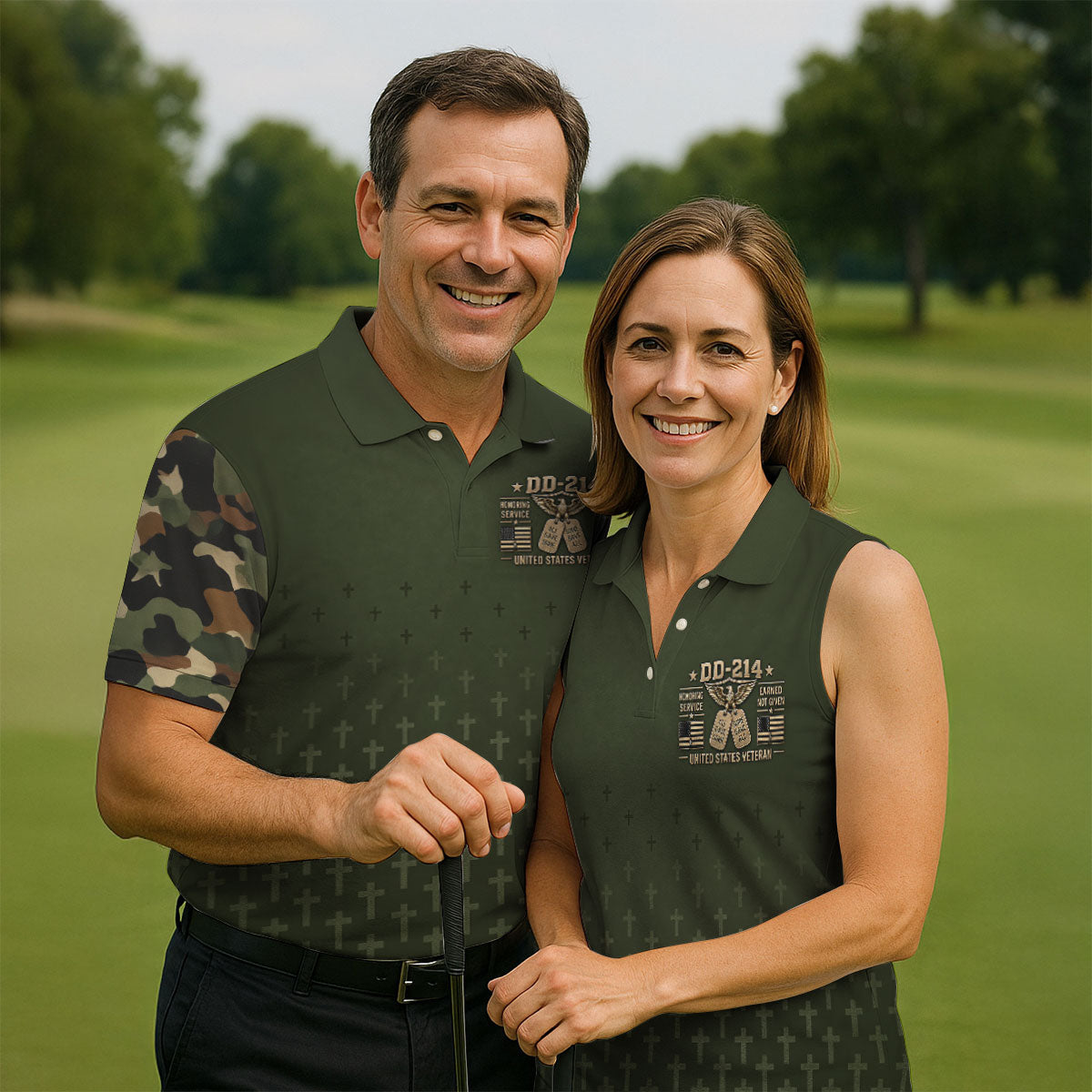 DD-214 Olive Green Cross Camo Polo Shirt, Veterans Day Shirt, Golf Shirts For Men