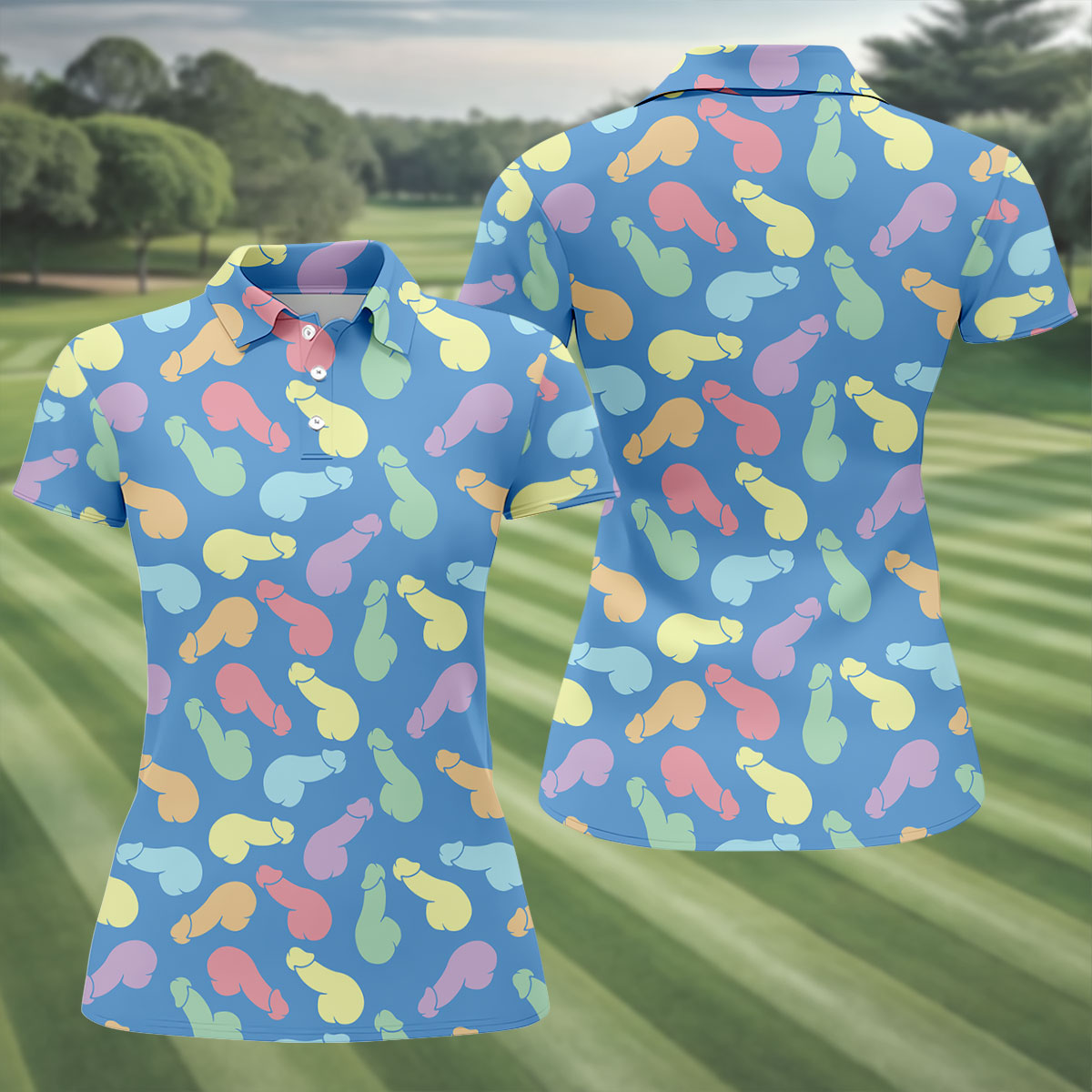 Funny Pastel Adult Pattern Blue Polo Shirt, Womens Golf Polo, Golf Shirts For Women