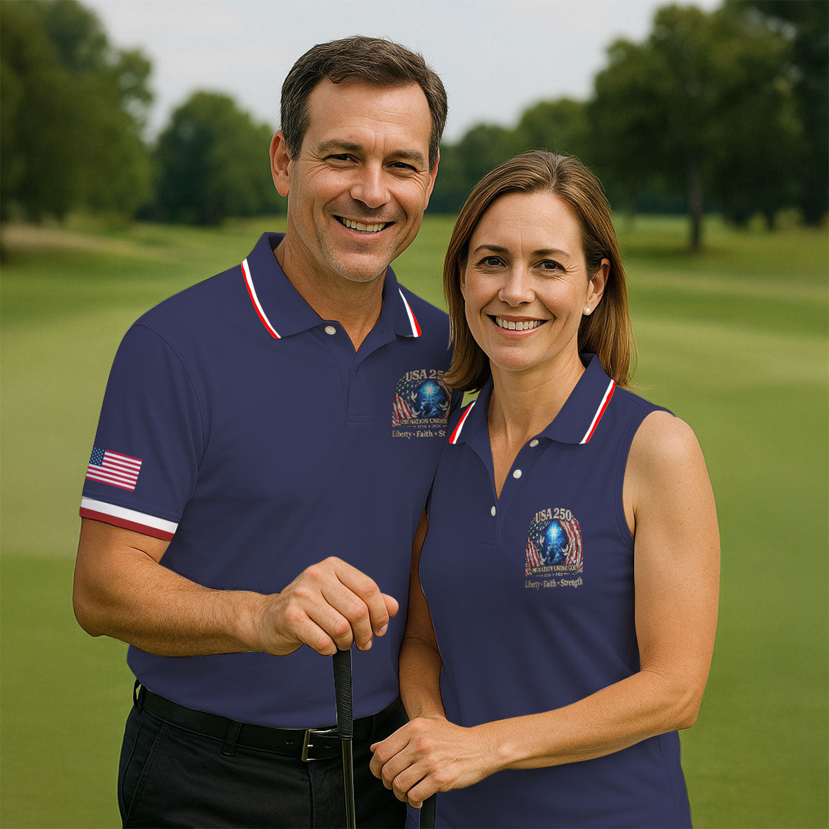 One Nation Under God Faith Cross USA 250 Logo Navy Golf Shirt, 4th Of July Golf Shirts For Men