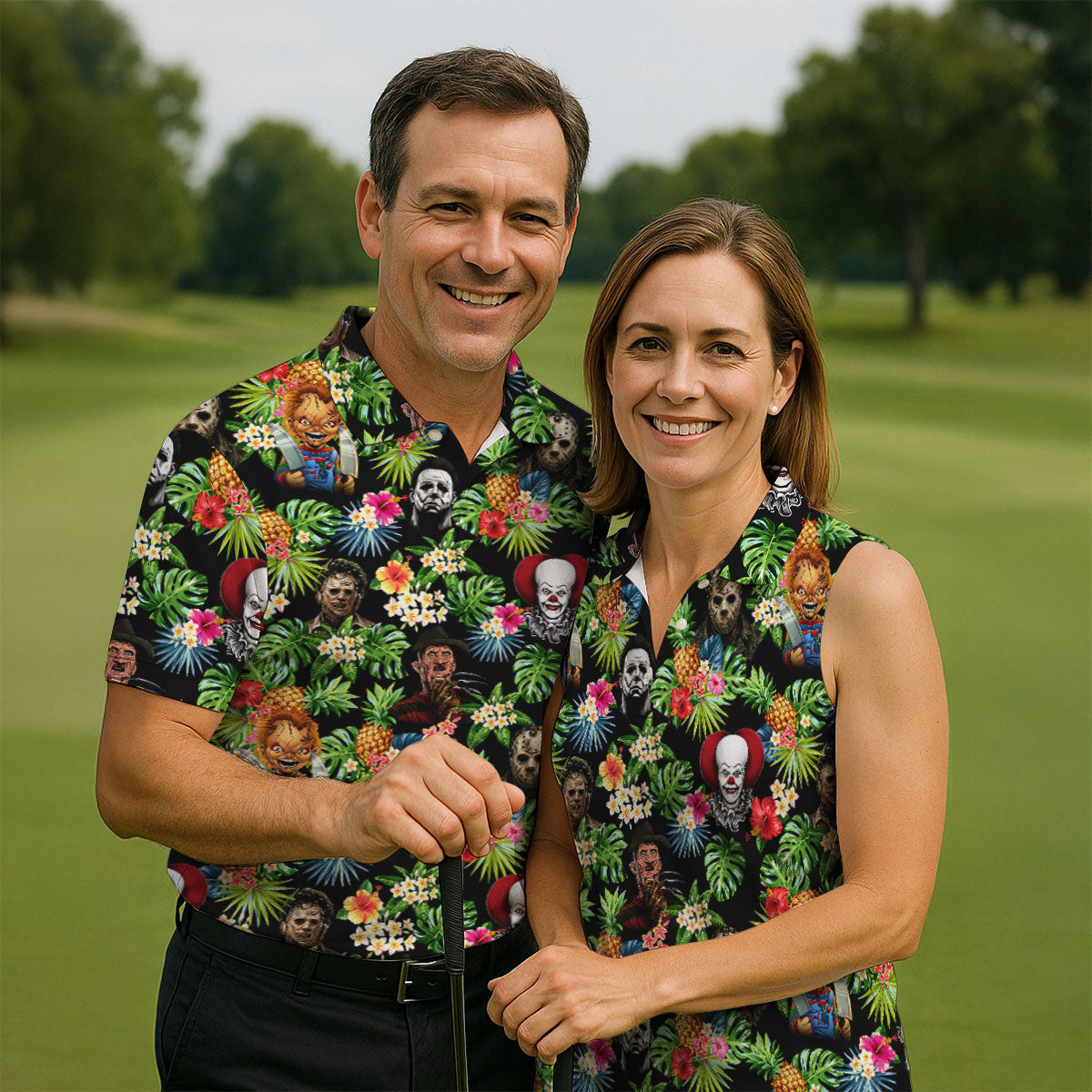 Tropical Horror Character Halloween Golf Shirt, Mens Golf Apparel, Printed Golf Shirt