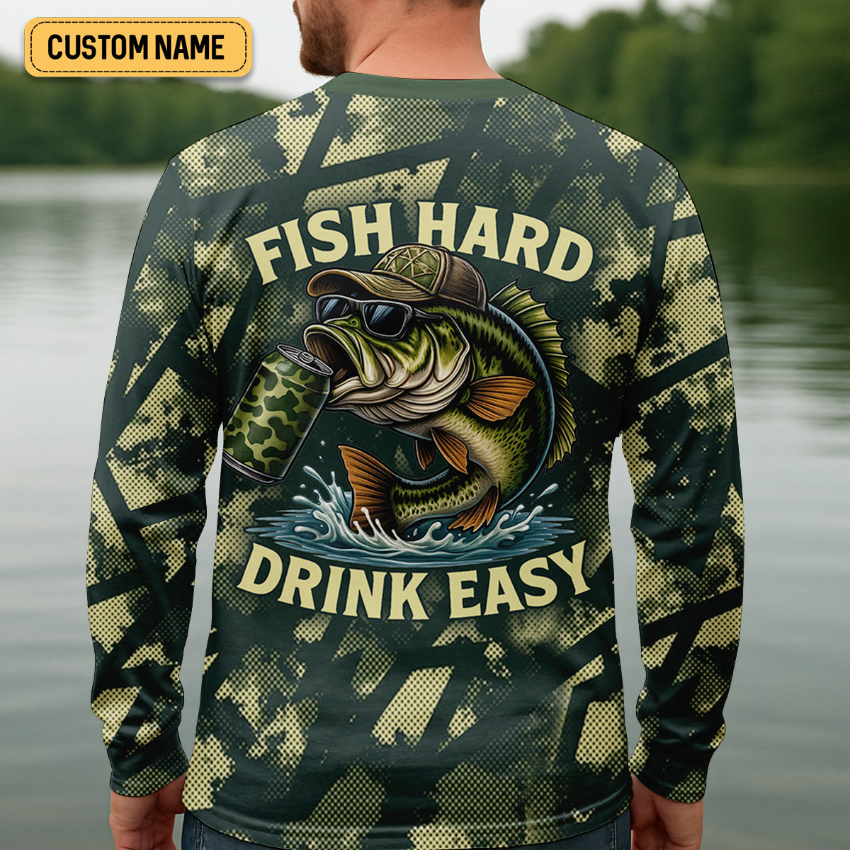Fish Hard Drink Easy Green Camo Funny Fishing Shirt, SPF Shirt For Men, Largemouth Bass Fishing Shirts For Men