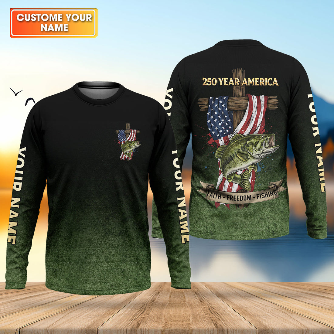 Faith Freedom Fishing Patriotic Fishing Shirt, Fishing UPF Shirts, 250th Anniversary Men's Fishing Shirt