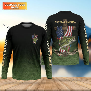 Faith Freedom Fishing Patriotic Fishing Shirt, Fishing UPF Shirts, 250th Anniversary Men's Fishing Shirt