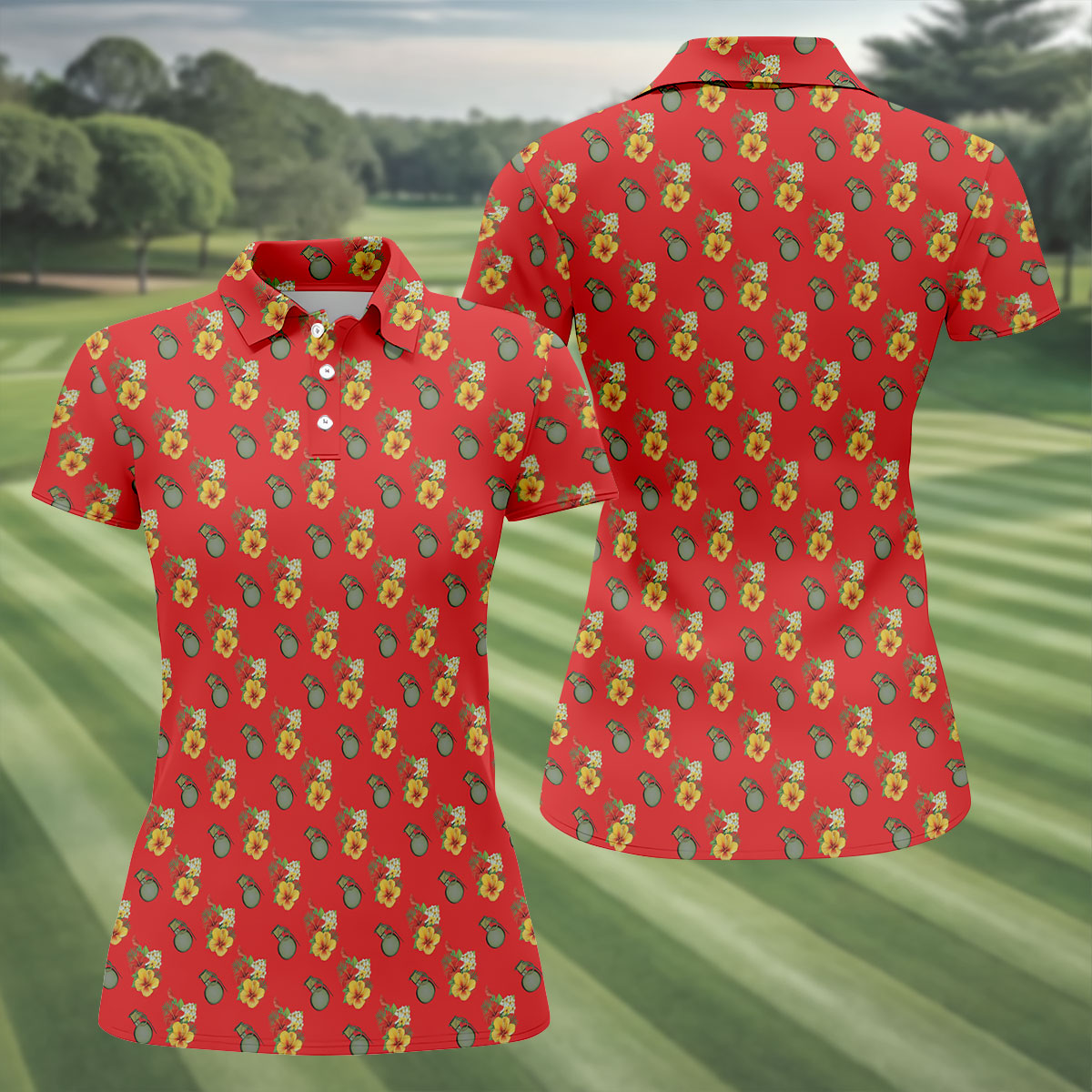 Hibiscus Flowers Green Grenades Seamless Pattern Red Golf Shirt, Women's Golf Tops, Ladies Golf Shirt