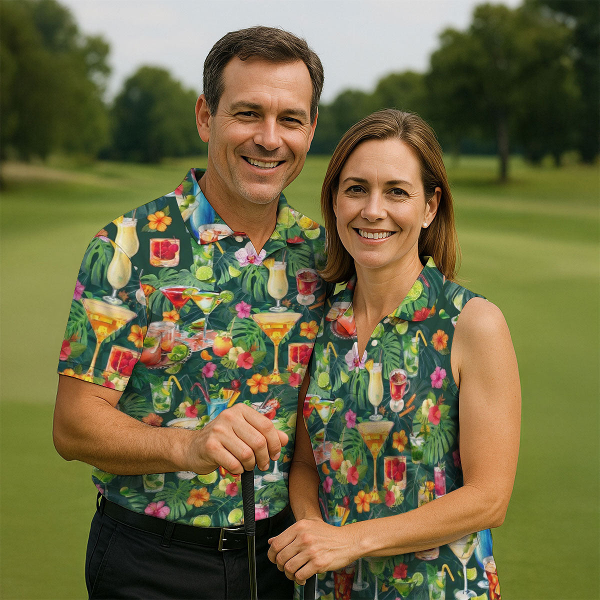 Tropical Cocktail Drinks And Floral Paradise Golf Polo, Hawaiian Golf Shirt, Golf Shirts For Men