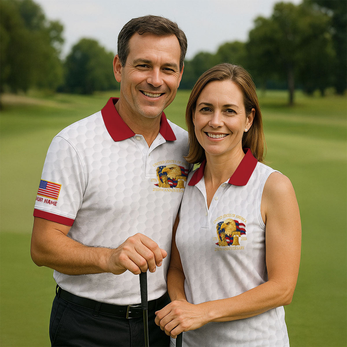 United States 250th Anniversary Patriotic Eagle White Custom Golf Shirts, 4th Of July Golf Shirt For Women