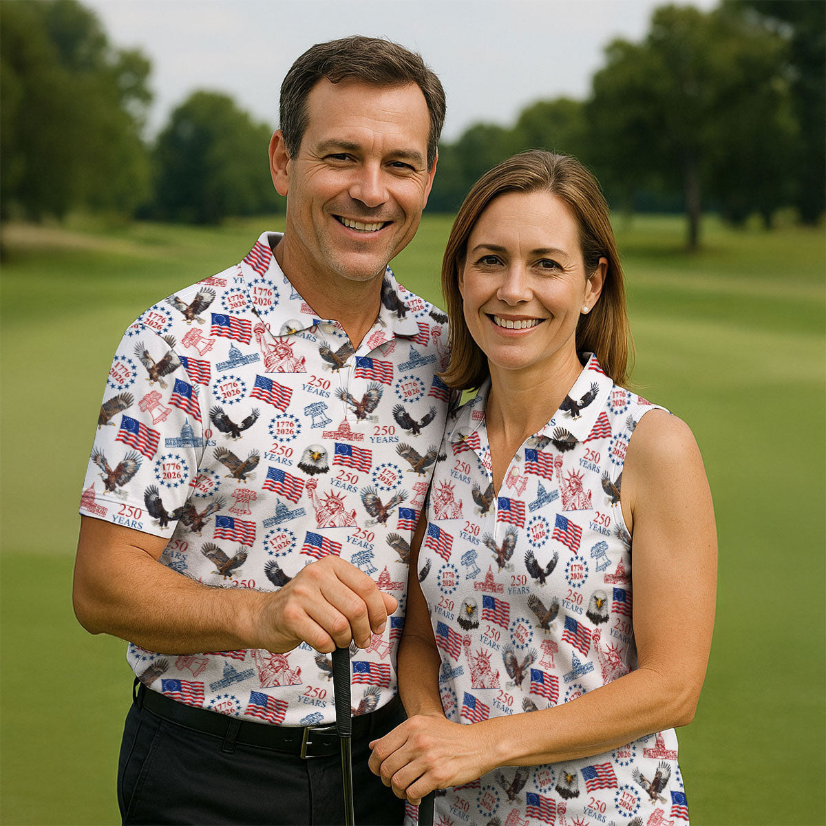 250 Years American Symbol Patriotic Pattern White Golf Shirt, 4th Of July Golf Shirt, Golf Shirt For Women