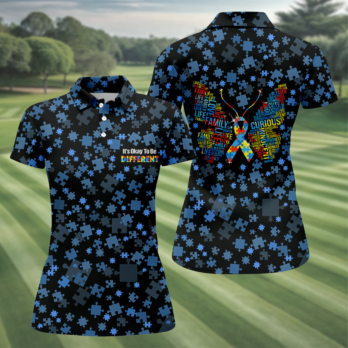 It's Okay To Be Different Autism Awareness Black And Blue Puzzle Pattern Ladies Golf Shirts, Golf Shirt For Women