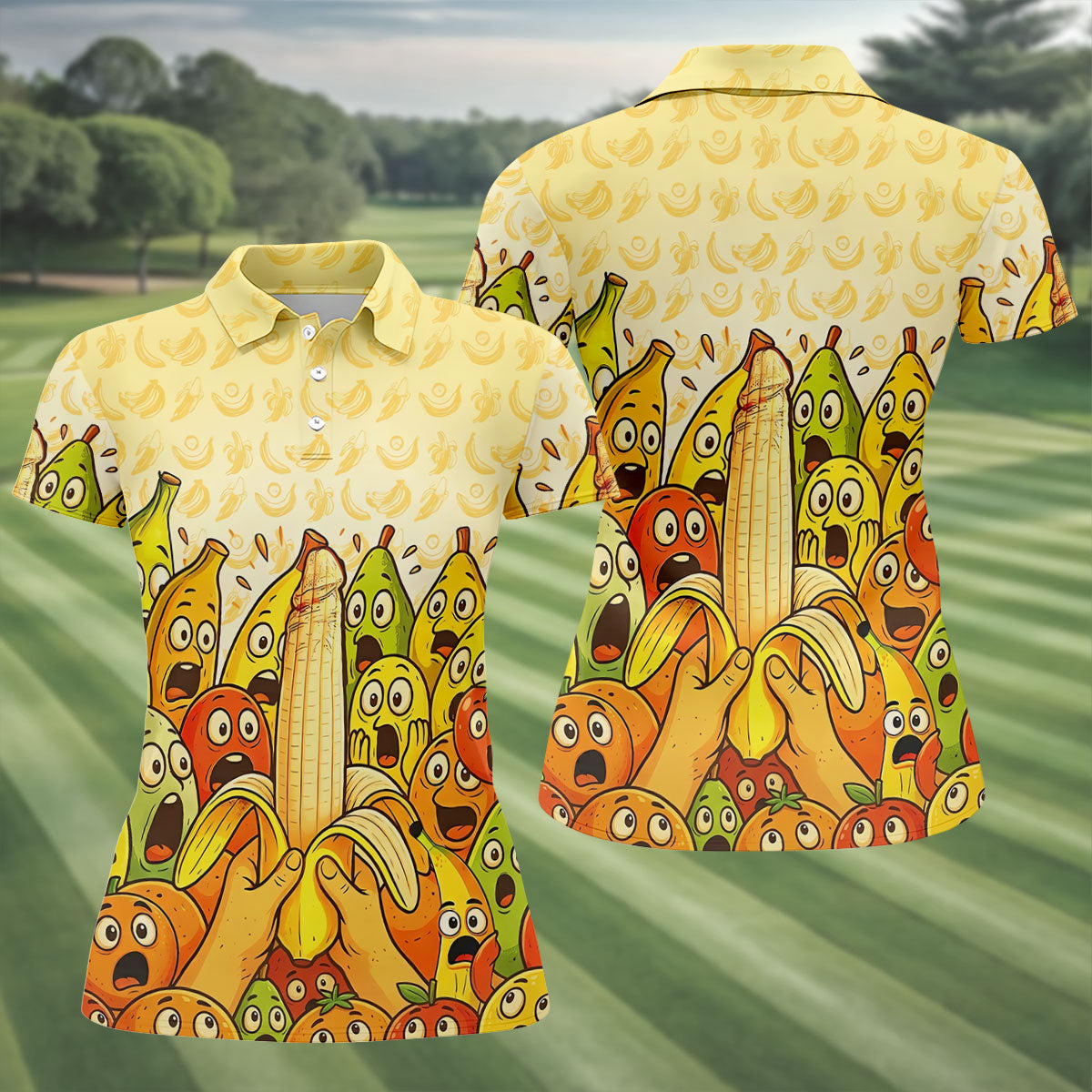 Funny Banana Fruit Cartoon Pattern Polo Shirt, Womens Golf Polo, Golf Shirts For Women