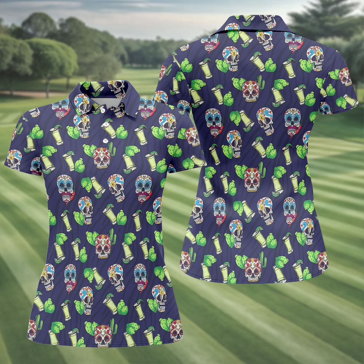 Day Of The Dead Sugar Skull Cactus Polo Shirt, Womens Golf Polo, Hawaiian Golf Shirt