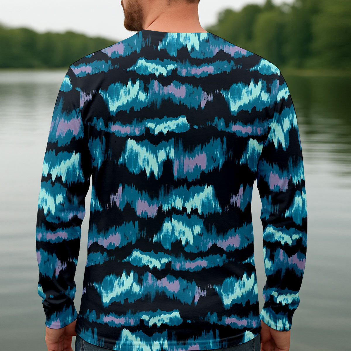 Blue Ikat Pattern Fishing UPF Shirts, Long Sleeve Fishing Shirts, Fishing Shirts For Men