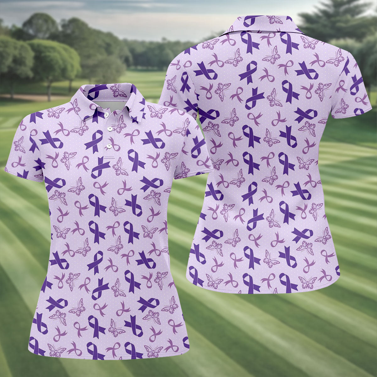 Breast Cancer Purple Ribbon Butterfly Polo Shirt, Womens Golf Polo, Breast Cancer Shirt