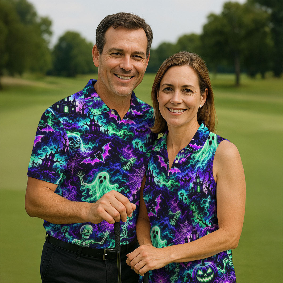 Neon Ghost Skeleton Halloween Horror Character Polo Shirt, Golf Shirt, Mens Golf Polo
