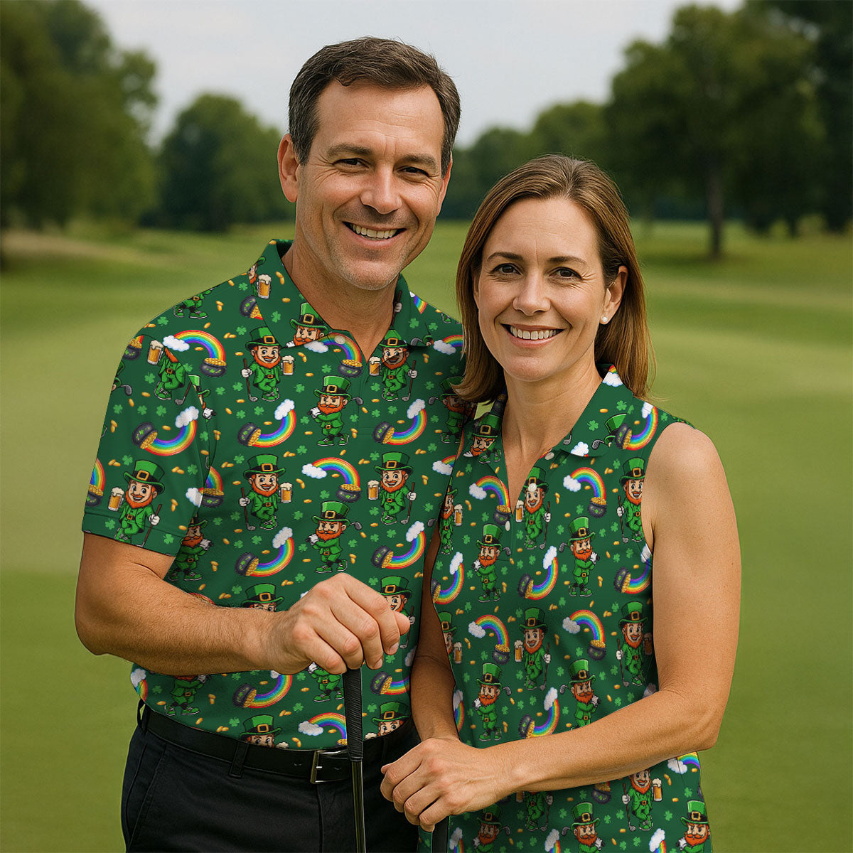 St Patrick's Day Leprechaun Golf Pose Rainbow Gold Pot Shamrock Golf Shirt, Women's Golf Shirts, Ladies Golf Polos