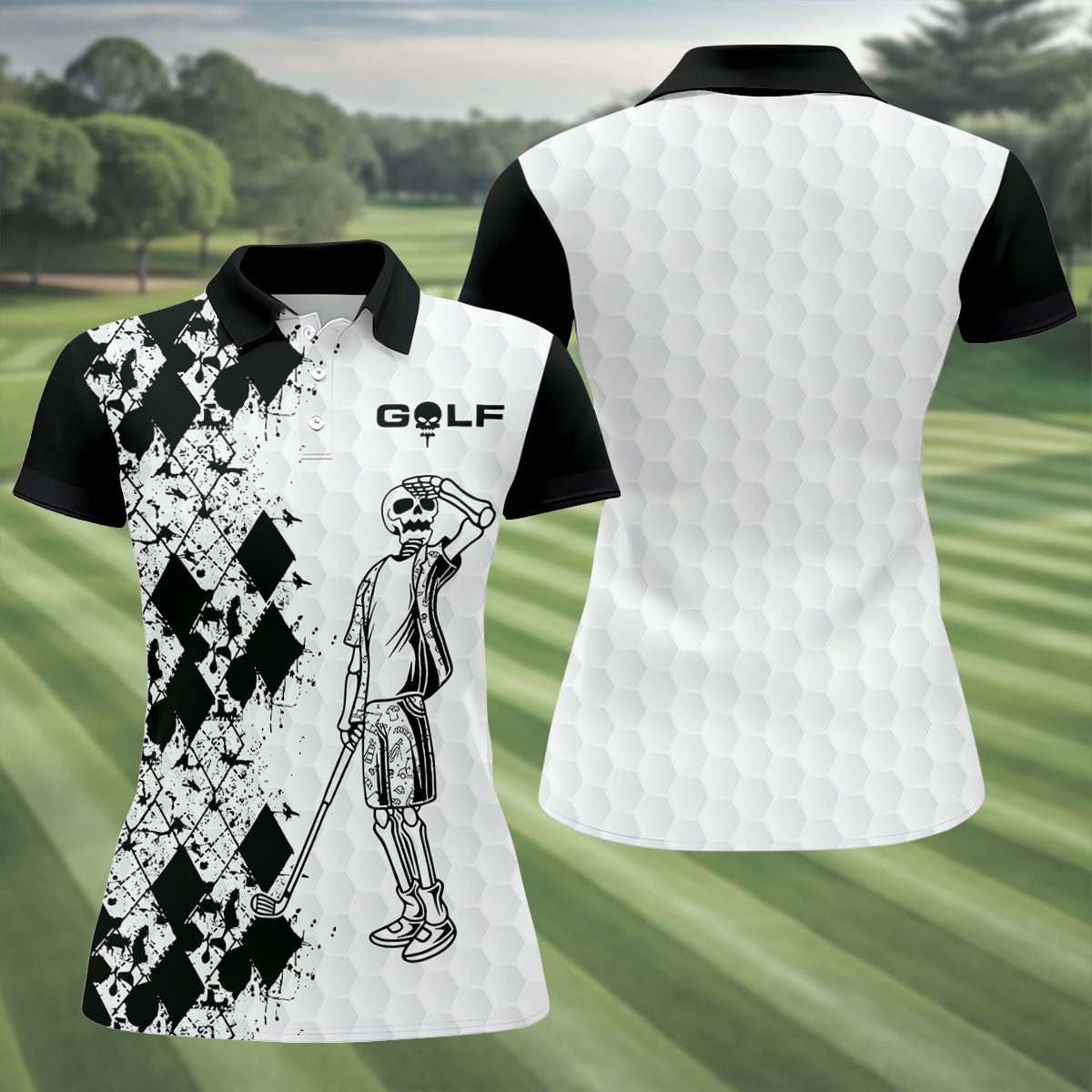 Golf Skeleton Splatter Effect Argyle Pattern Women's Golf Tops, Ladies Golf Shirts