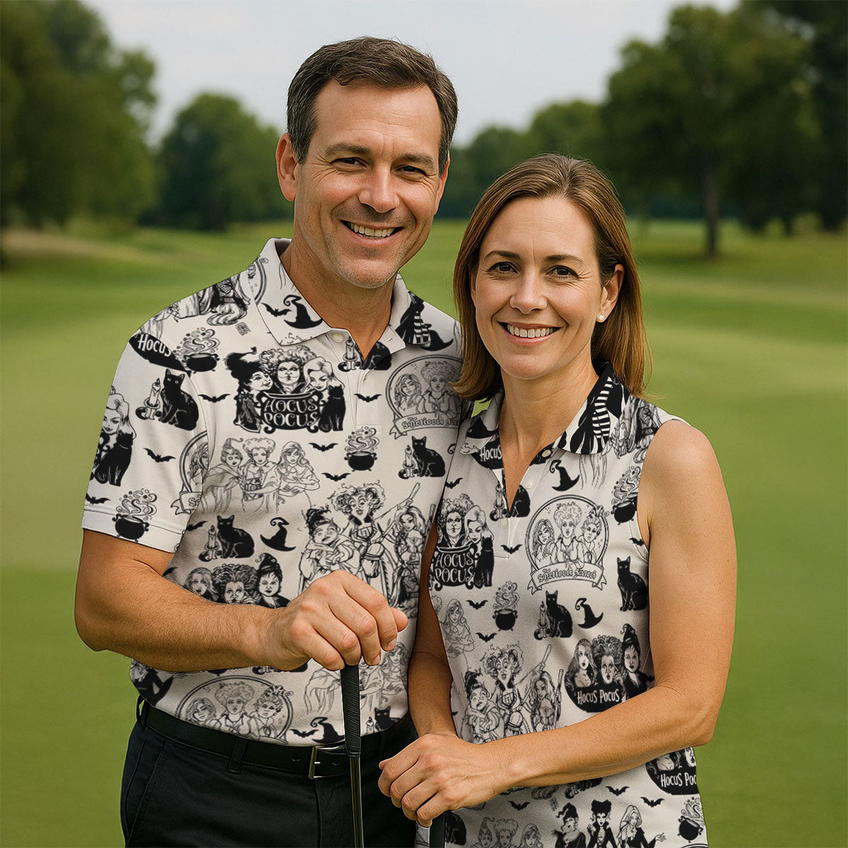 Witch Sisters Black Cat Halloween Polo Shirt, Golf Polo Shirts For Men, Mens Golf Apparel