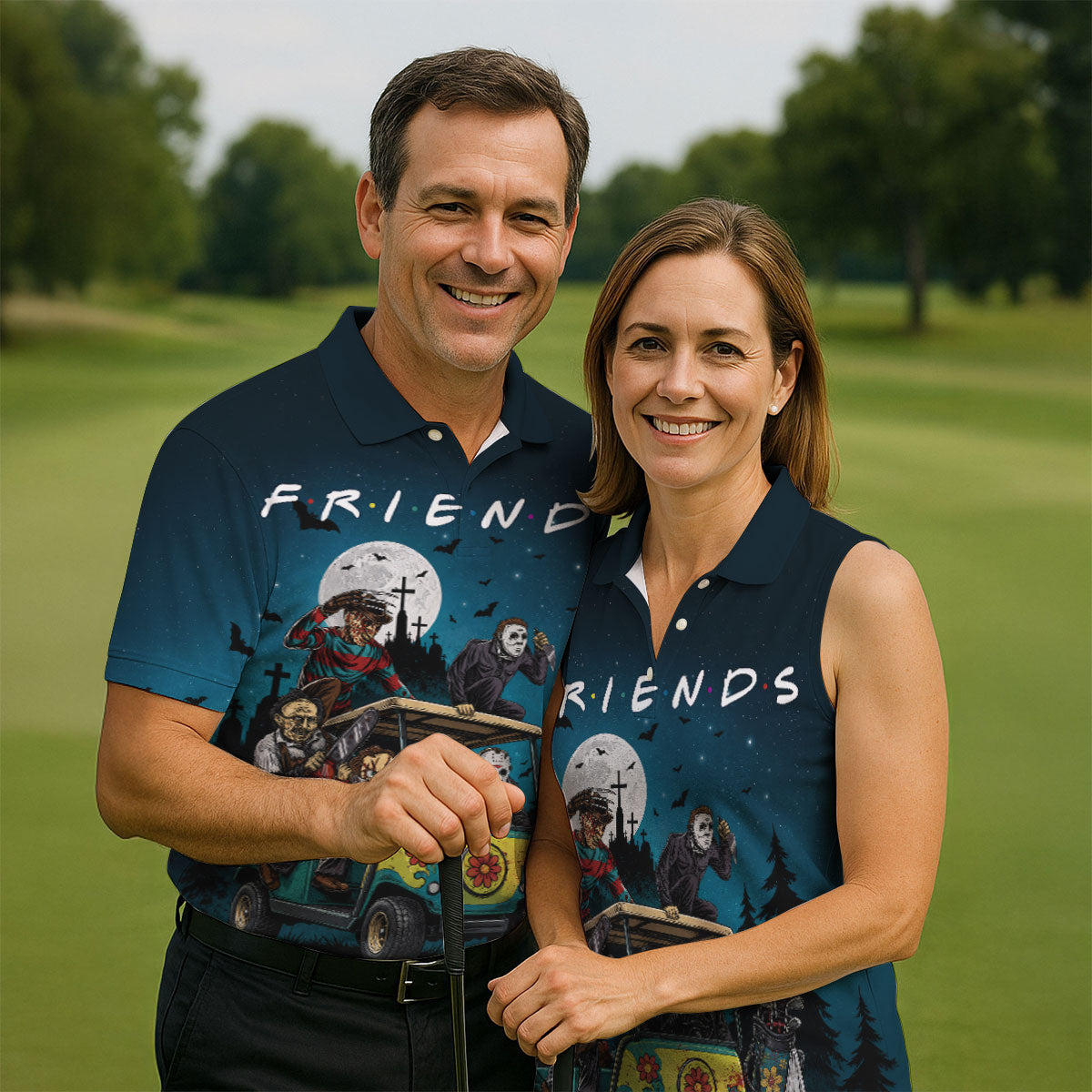 Horror Character Golf Cart Polo Shirt, Halloween Golf Shirt, Mens Halloween Golf Shirt