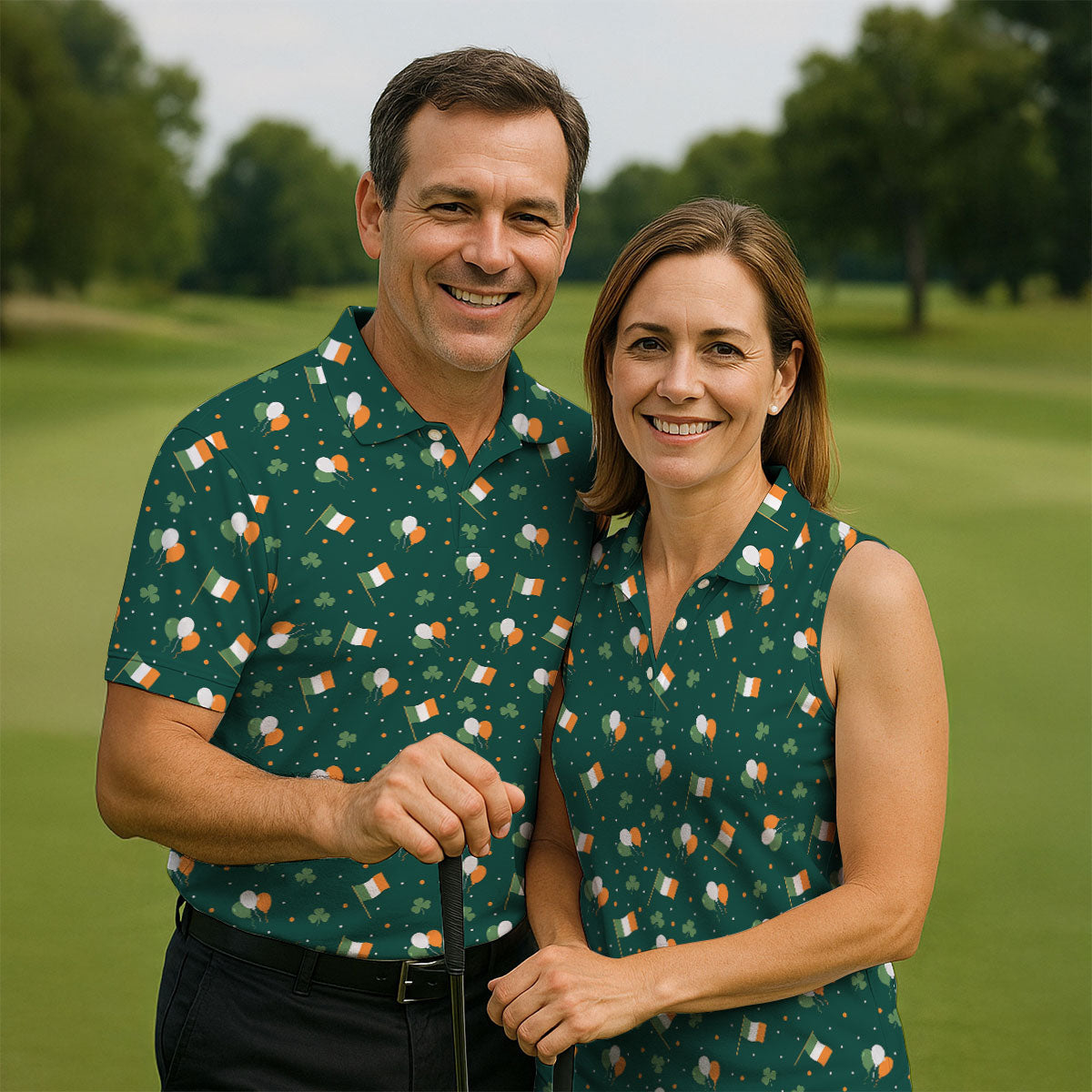Blue White Orange Confetti Balloons Irish Flag St Patrick's Day Golf Shirt, Women's Golf Tops, Ladies Golf Shirts