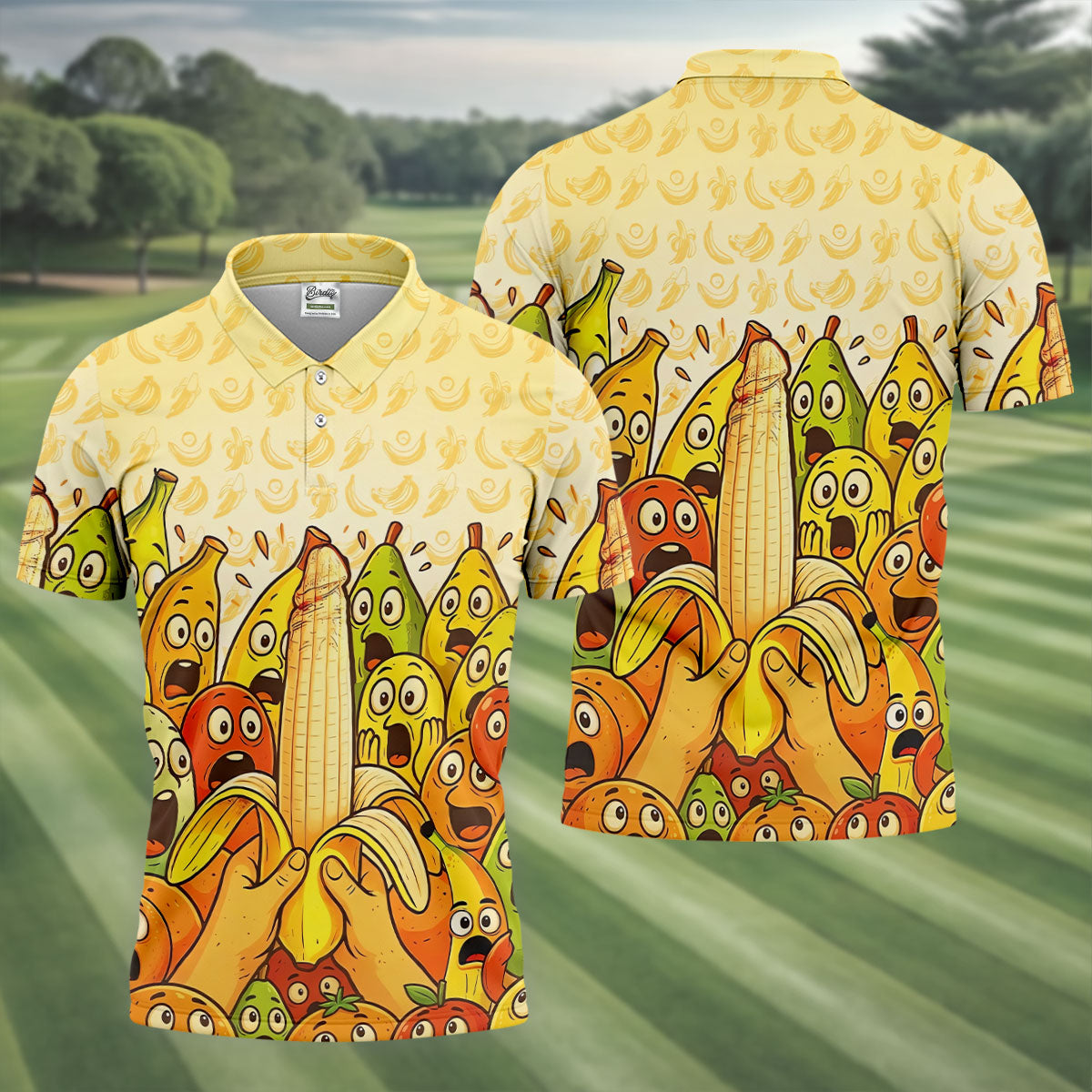 Funny Banana Fruit Cartoon Pattern Polo Shirt, Mens Golf Polo, Golf Shirts For Men