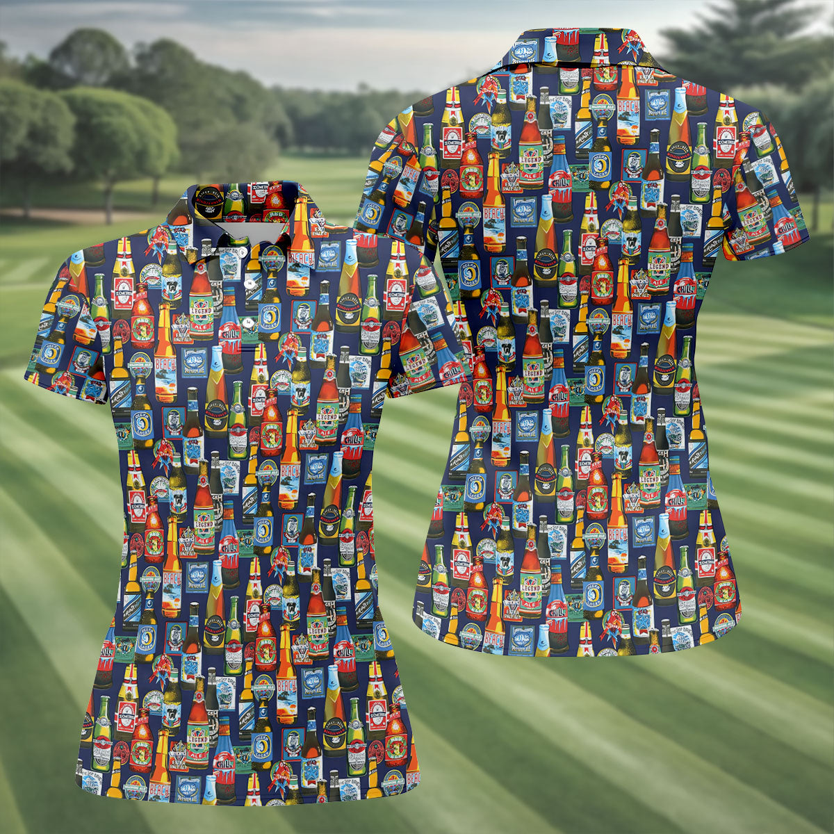Beer Bottle Labels Navy Golf Shirt, Fun Women's Golf Shirts, Women's Golf Tops, Ladies Golf Shirt