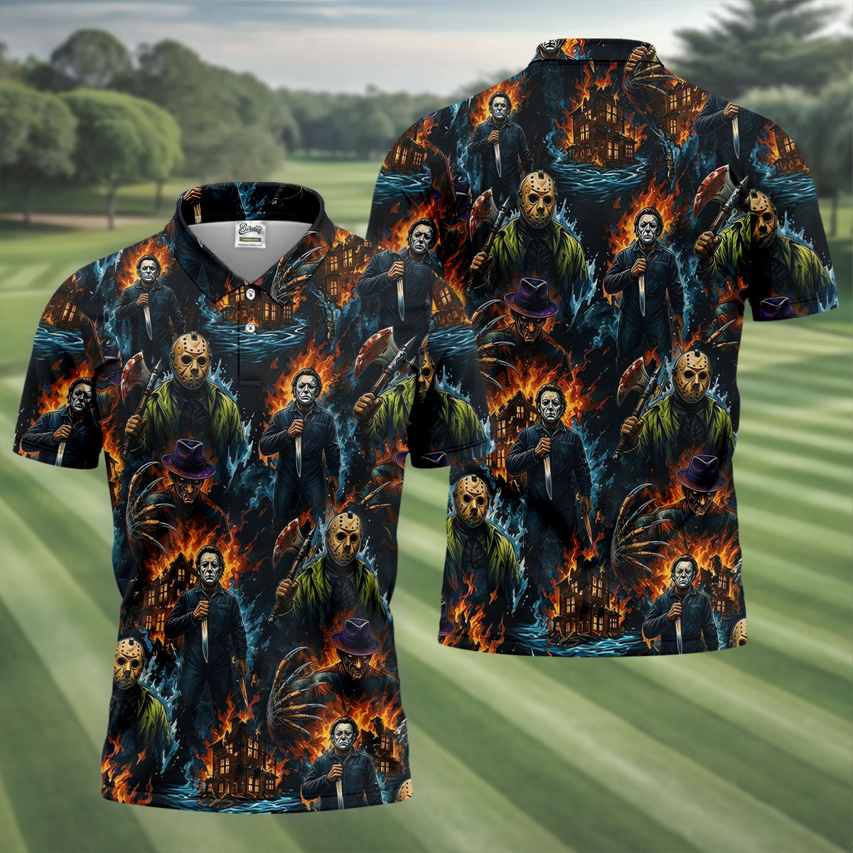 Horror Character Fire Collage Halloween Polo Shirt, Mens Golf Shirts, Mens Polo Shirts