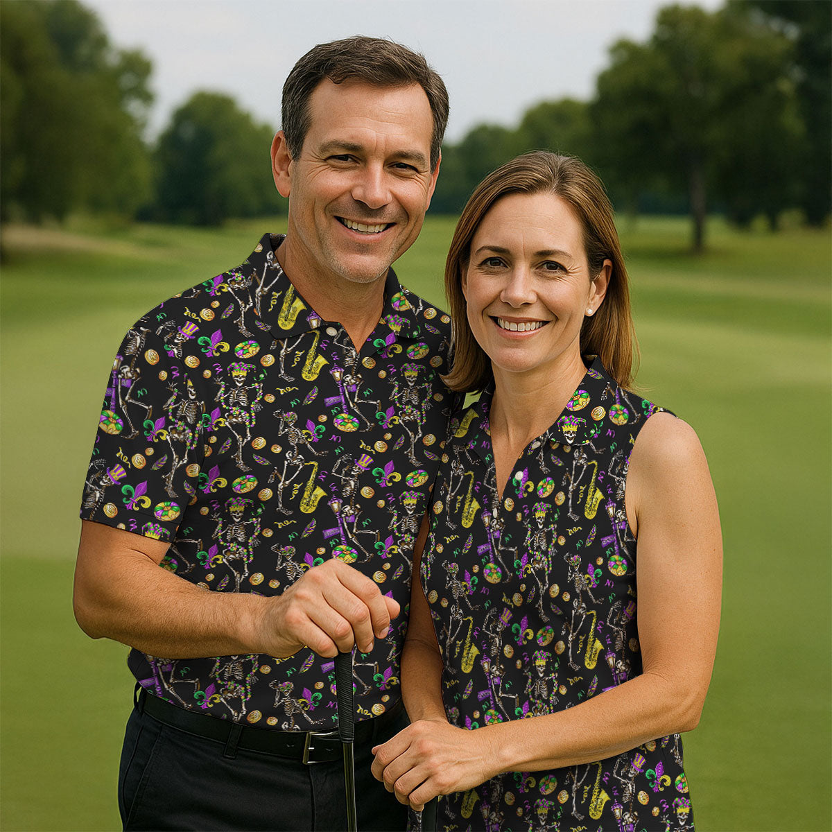 Dancing Skeleton Mardi Gras Fleur De Lis Black Golf Shirt, Women's Golf Tops, Ladies Golf Polos