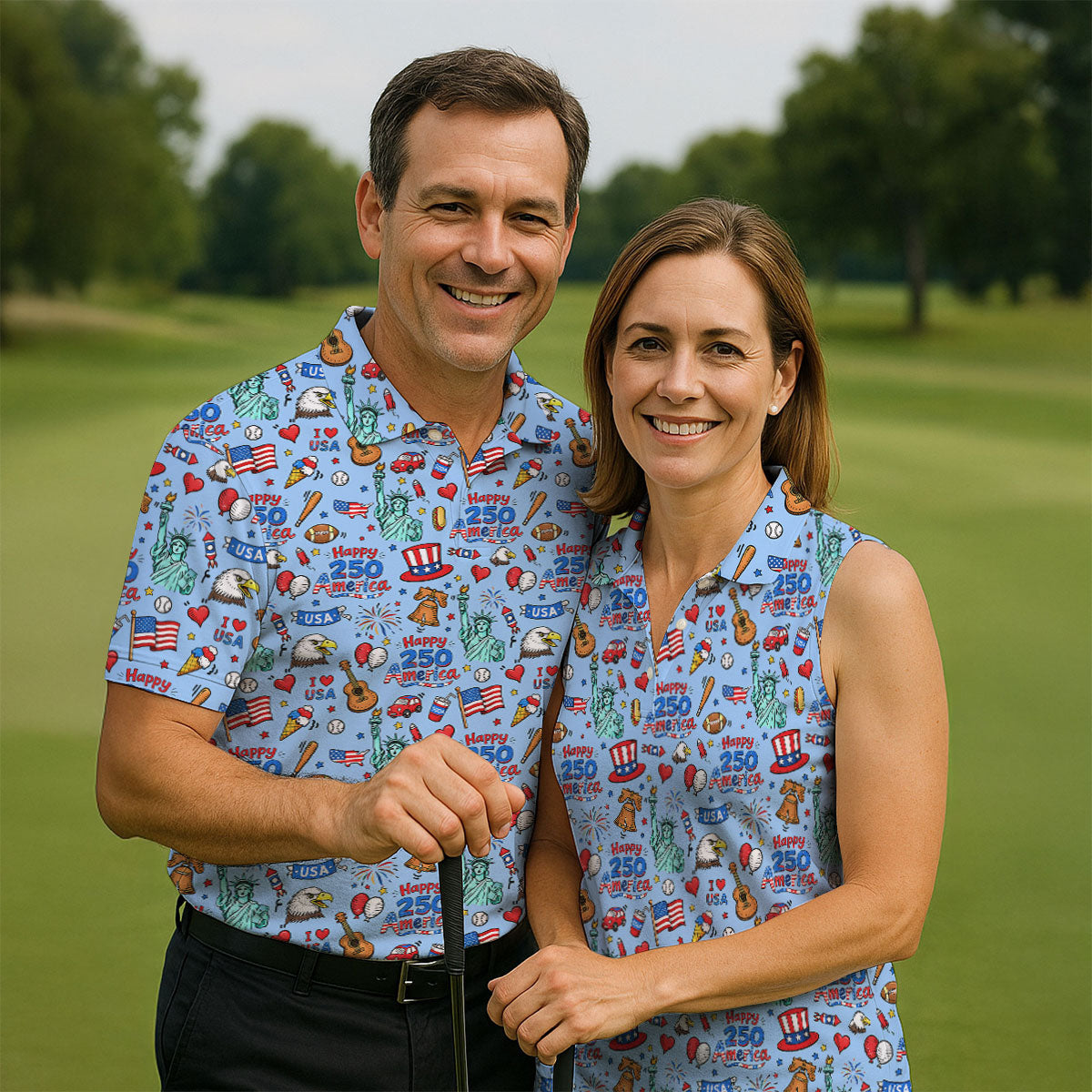 Happy 250 America Independence Celebration Blue Golf Shirt, Patriotic 4th Of July Golf Shirt For Women