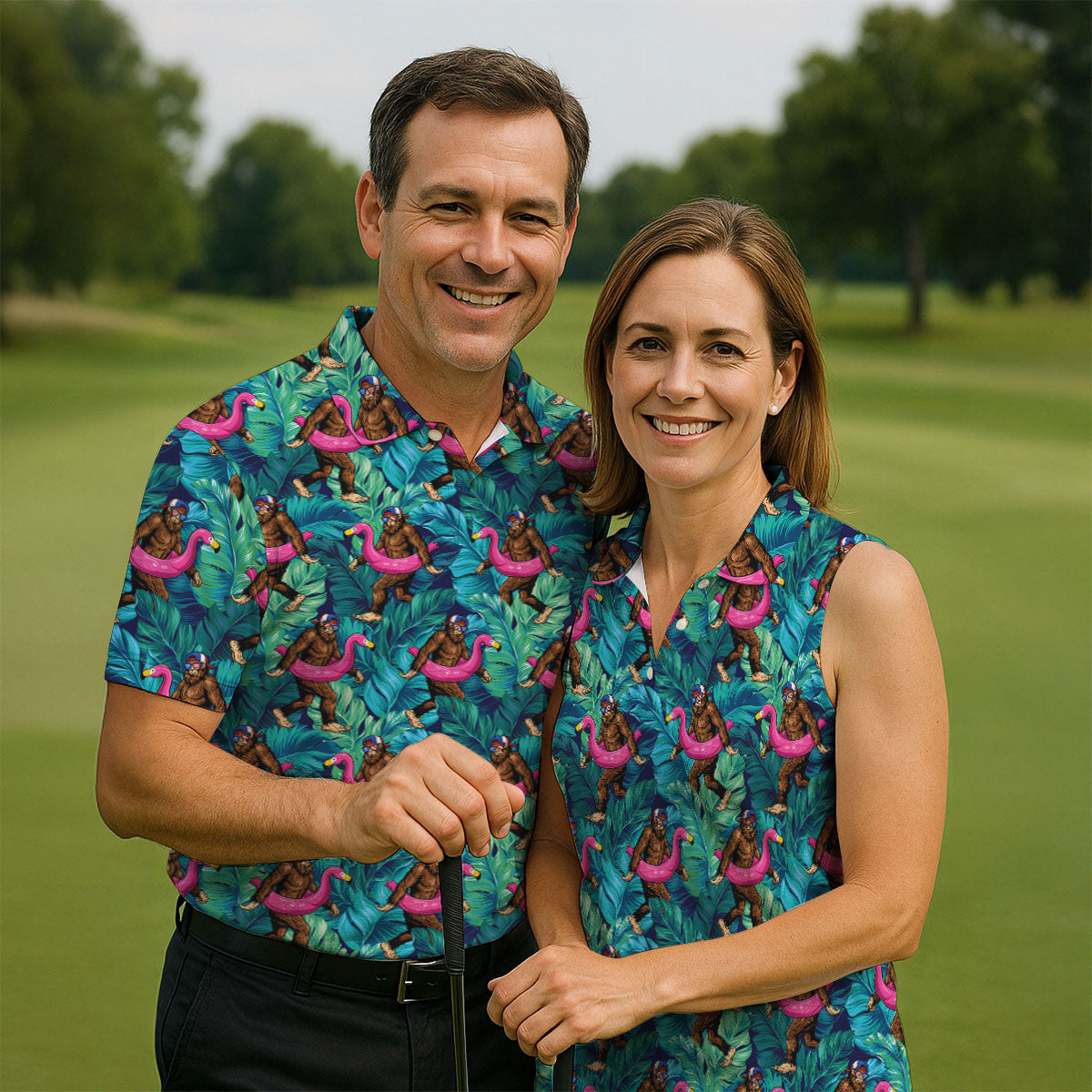 Tropical Flamingo Bigfoot Golf Shirt, 250 Years 4th Of July Patriotic Golf Shirts For Men