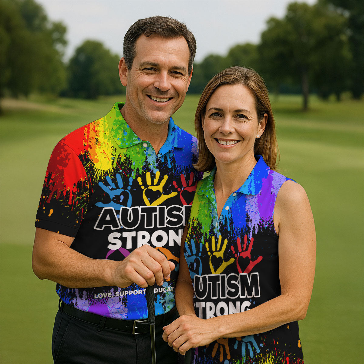 Autism Strong Rainbow Paint Splatter Women's Golf Tops, Autism Awareness Colors Ladies Golf Polos