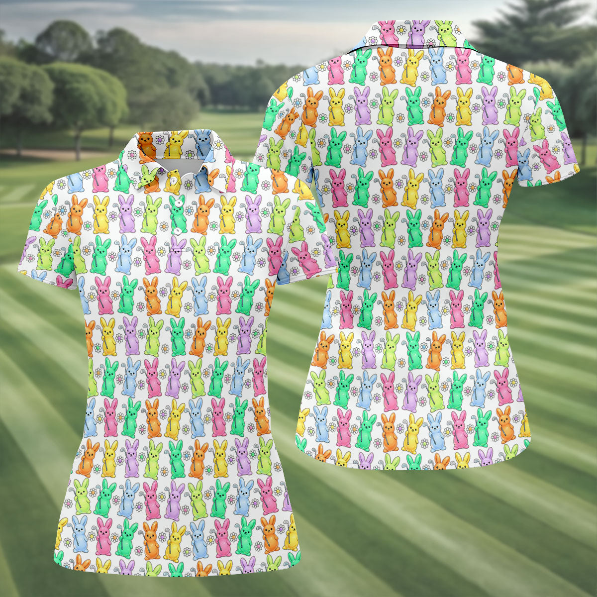 Colorful Easter Bunny White Golf Shirt, Cute Golf Outfit, Women's Golf Tops, Ladies Golf Shirts