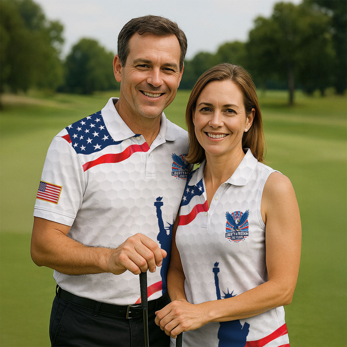 Liberty And Freedom 250 Years Golf Ball Pattern Patriotic Golf Shirt, 4th Of July Golf Shirt For Women